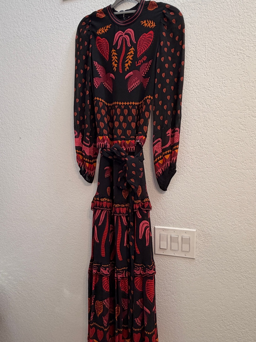 Black Pink Patterned Long Sleeve Maxi Dress Farm Rio